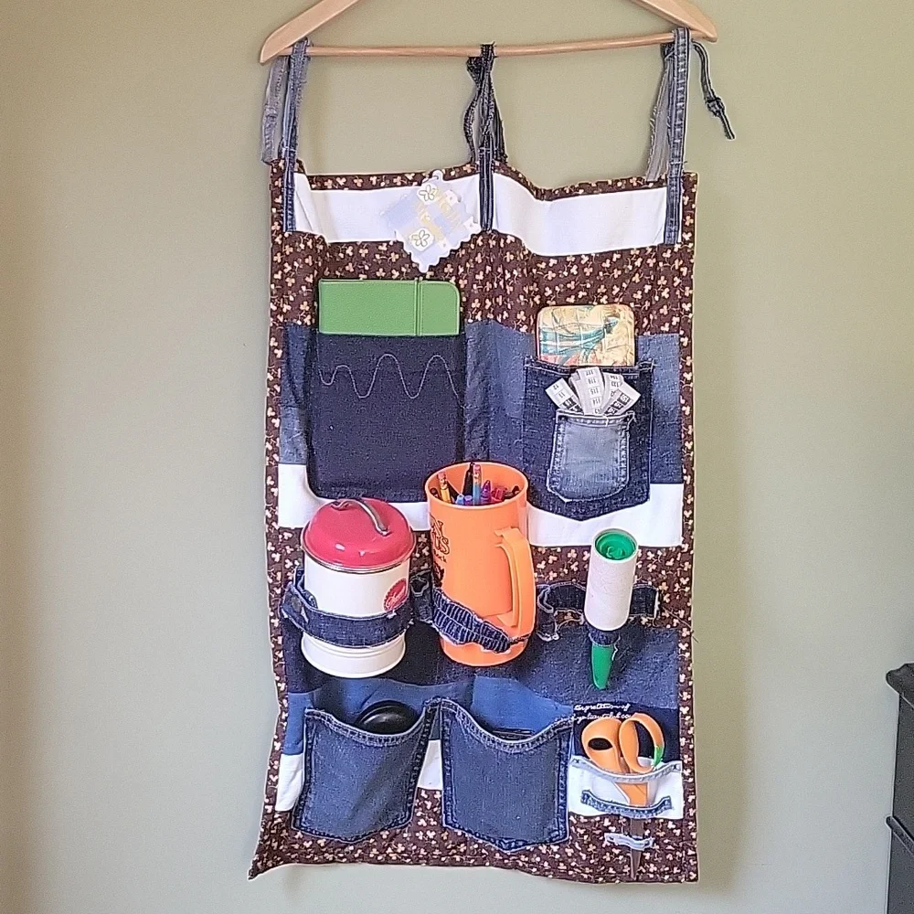 HAND CRAFTED Organizer UPCYCLED Blue Denim Pocket Brown Floral Hanging 29 X20 In